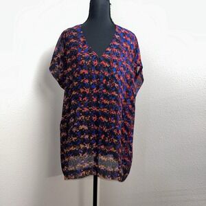 Cabi Top Women's Medium Multi Color Camo Houndstooth Semi Sheer Cap Sleeve Artsy